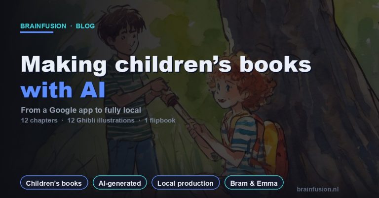 Making children's books with AI — poster with Ghibli illustration of Bram and Emma