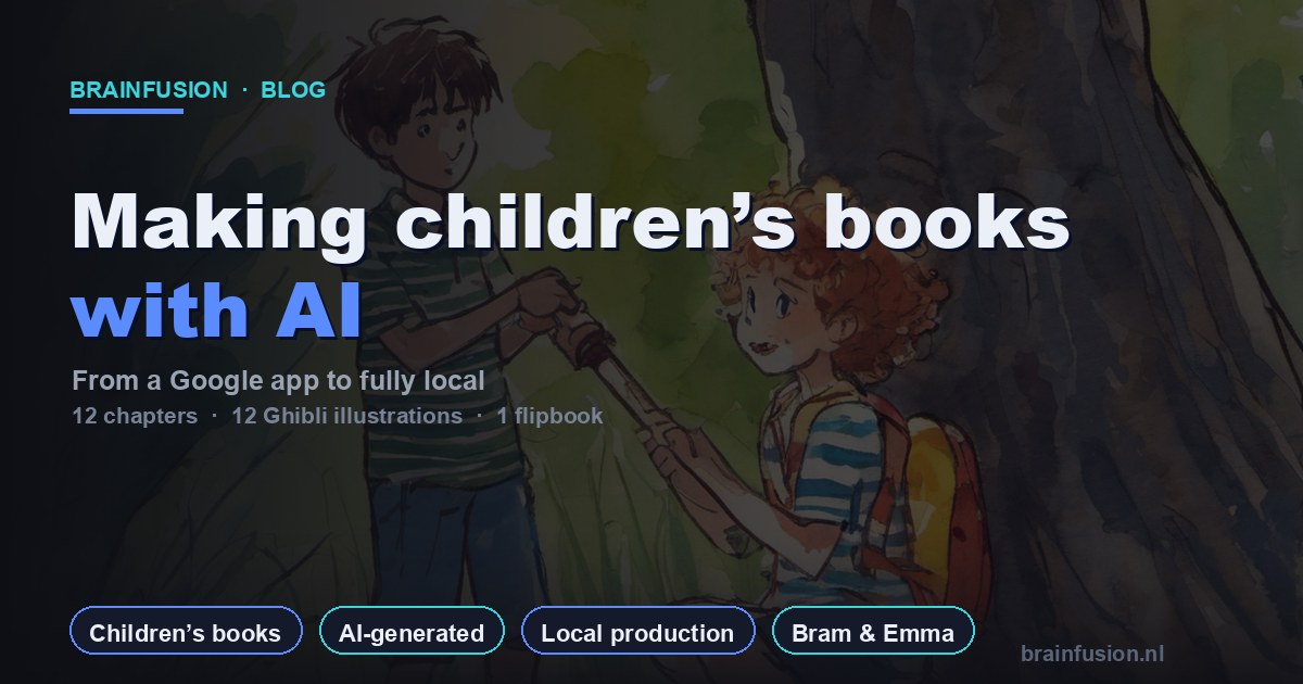 Making children's books with AI — poster with Ghibli illustration of Bram and Emma