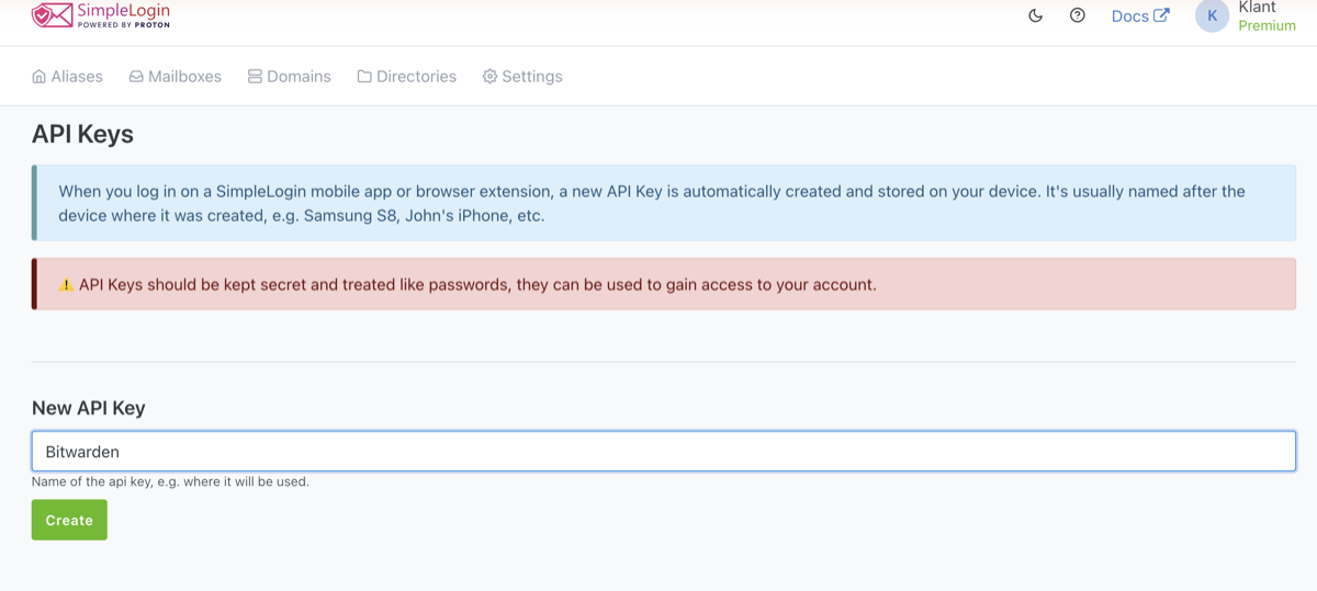 SimpleLogin API-key aanmaken