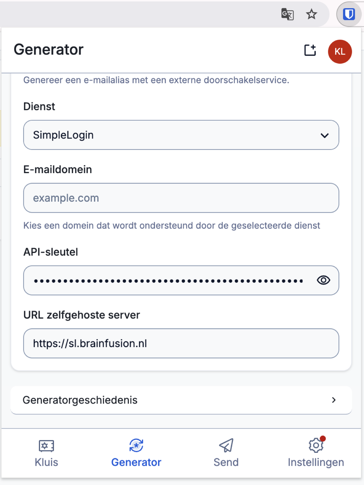 Generator: SimpleLogin + server-URL + API-key