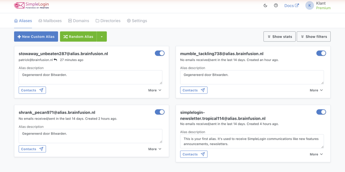 SimpleLogin aliassen-dashboard