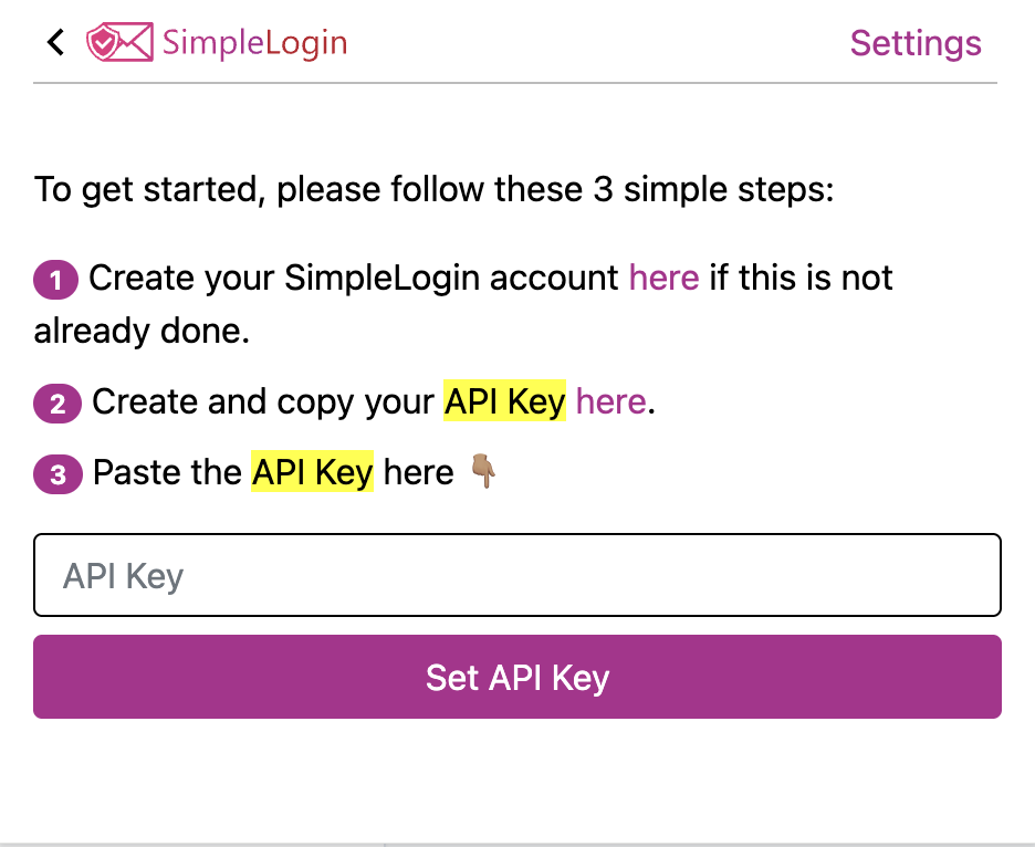 SimpleLogin-extensie: ingelogd via API-key